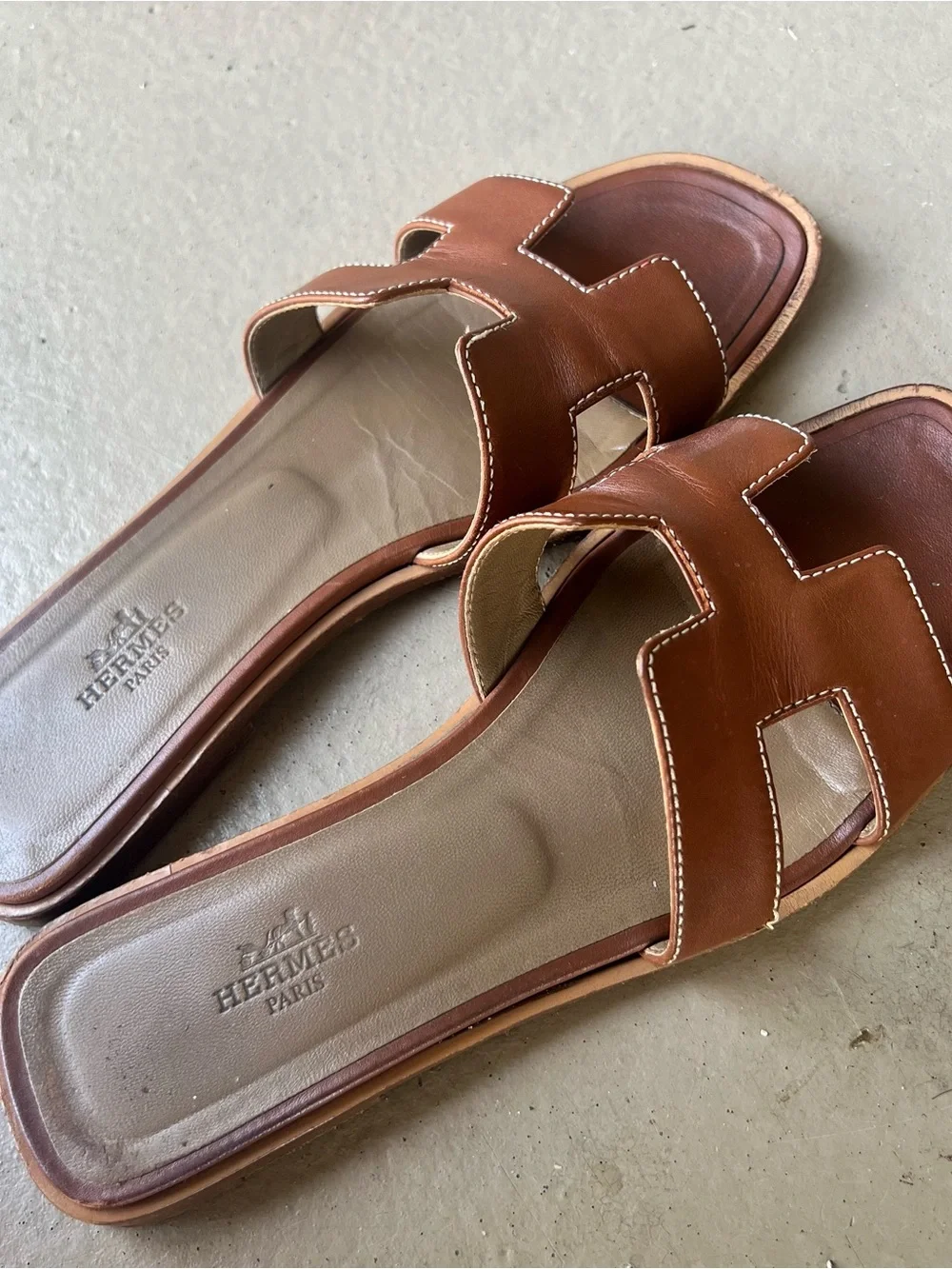 Hermes Brown Leather H-Cut Slide Sandals